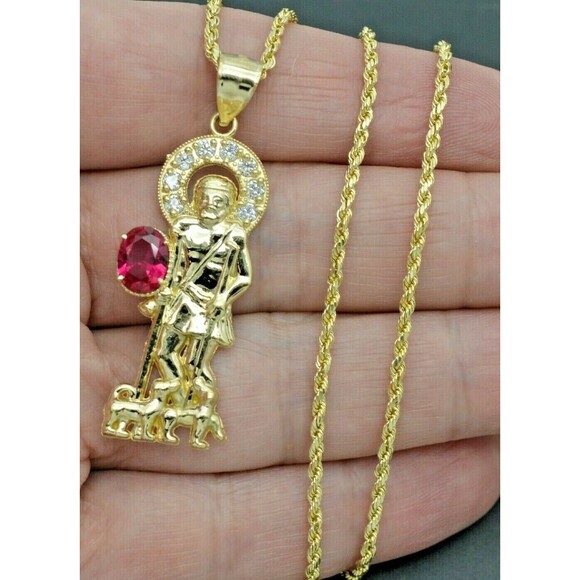 Real 10K Yellow Gold St. Lazarus Religious CZ Pendant 4gr + Chain 16"-24"